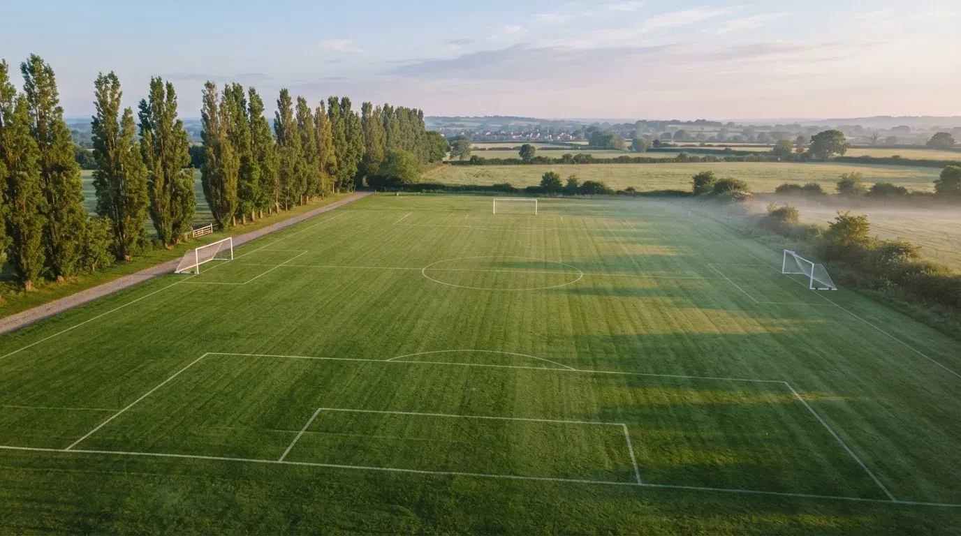 Ein leerer Fussballplatz mit weissen Linien von oben gesehen im Morgenlicht, am Rand stehen zwei Tore und eine Reihe Pappeln.