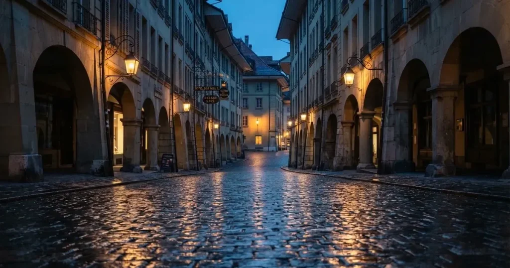 Eine menschenleere Altstadtgasse mit steinernen Laubengängen im Abendlicht, die Laternen brennen schon und das Pflaster glänzt feucht.