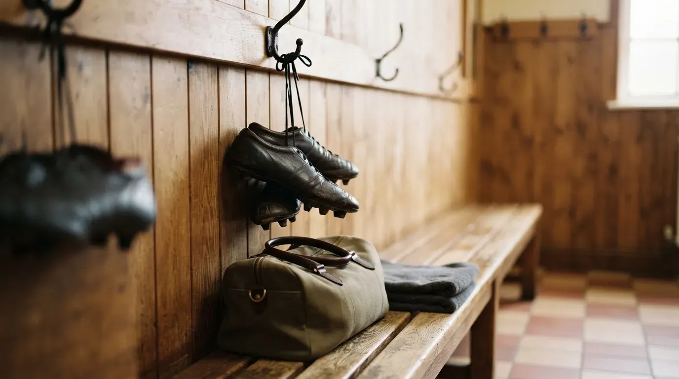 Ein Paar Fussballschuhe hängt an einem Haken in einer ruhigen Umkleide, darunter steht eine Sporttasche auf einer Holzbank.