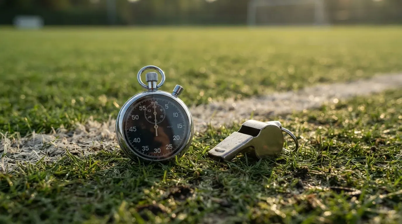 Eine Stoppuhr liegt neben einer Trillerpfeife auf einem Stück Rasen an der Seitenlinie eines Fussballfelds im Gegenlicht.