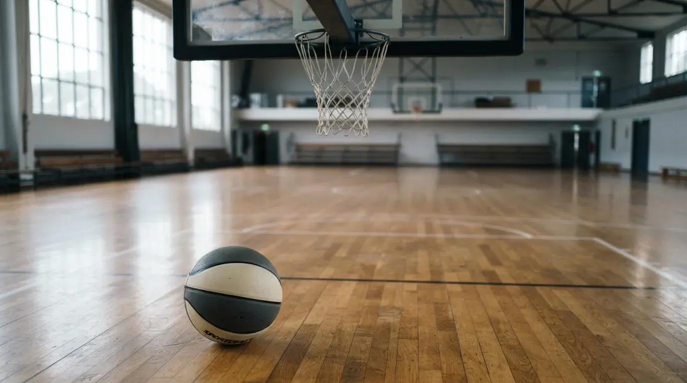 Ein Basketball liegt unter dem Korb in einer leeren Sporthalle, durch hohe Fenster fällt Tageslicht auf das Parkett.