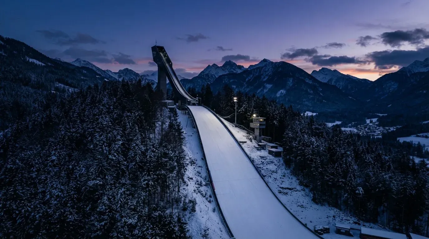 Eine Skisprungschanze ragt in der Dämmerung über einen Wald in den Alpen, der Auslauf liegt verschneit und leer da.
