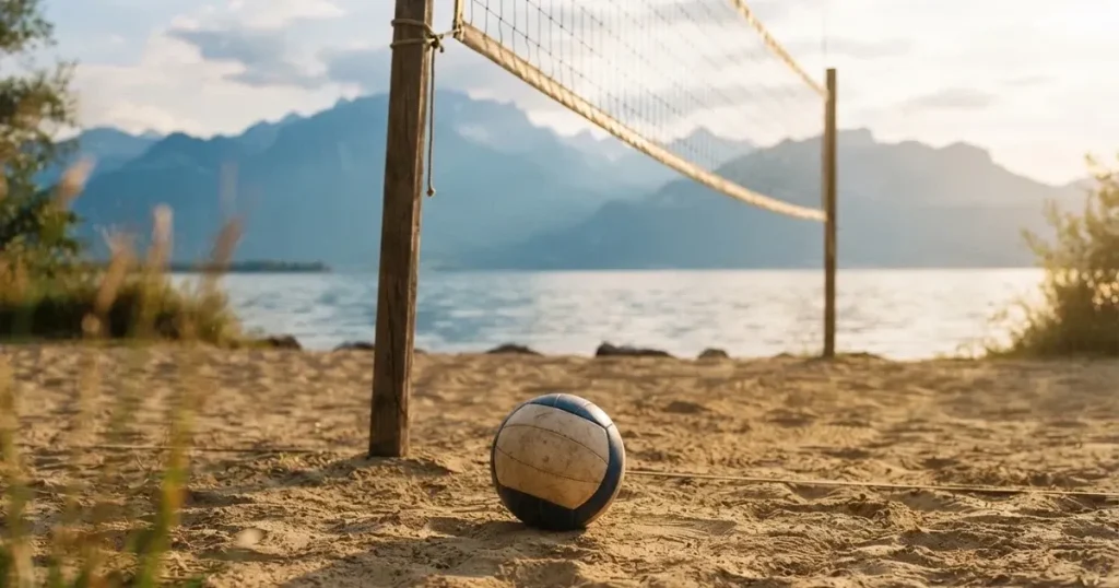 Ein Volleyball liegt am Fuss des Netzes auf Sand, im Hintergrund glitzert ein See und ein Bergzug steht im Dunst.