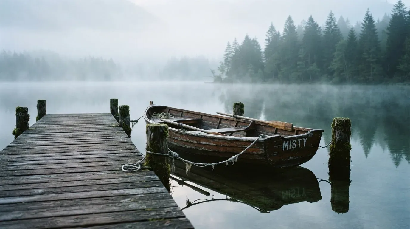 Ein Ruderboot liegt an einem Steg am Ufer eines Sees, über dem Wasser steigt dünner Nebel auf.
