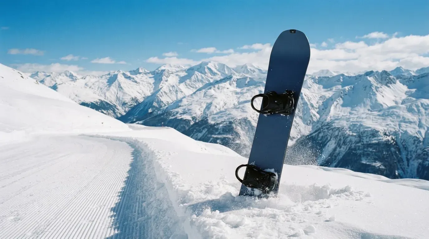 Ein Snowboard steckt aufrecht im Schnee am Rand einer Piste, dahinter spannt sich klarer Himmel über verschneiten Gipfeln.