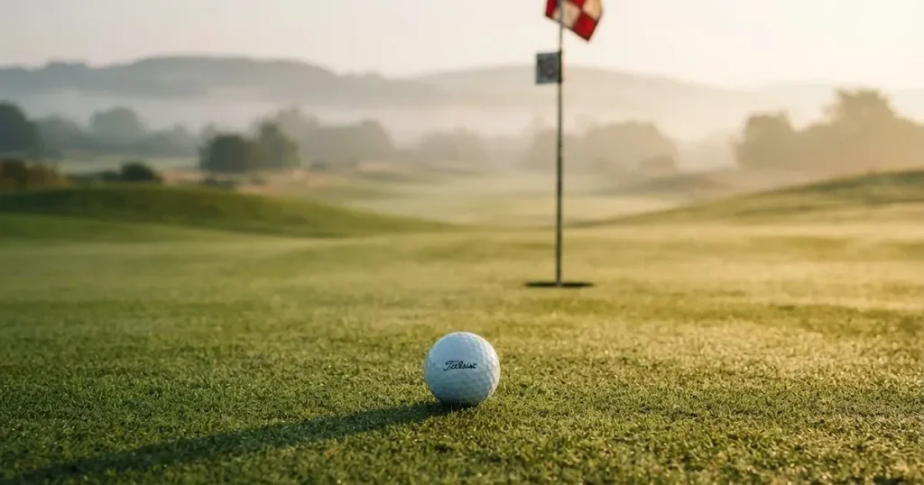Ein Golfball liegt auf dem Grün nahe beim Loch, dahinter erstrecken sich sanfte Hügel im Nebel.