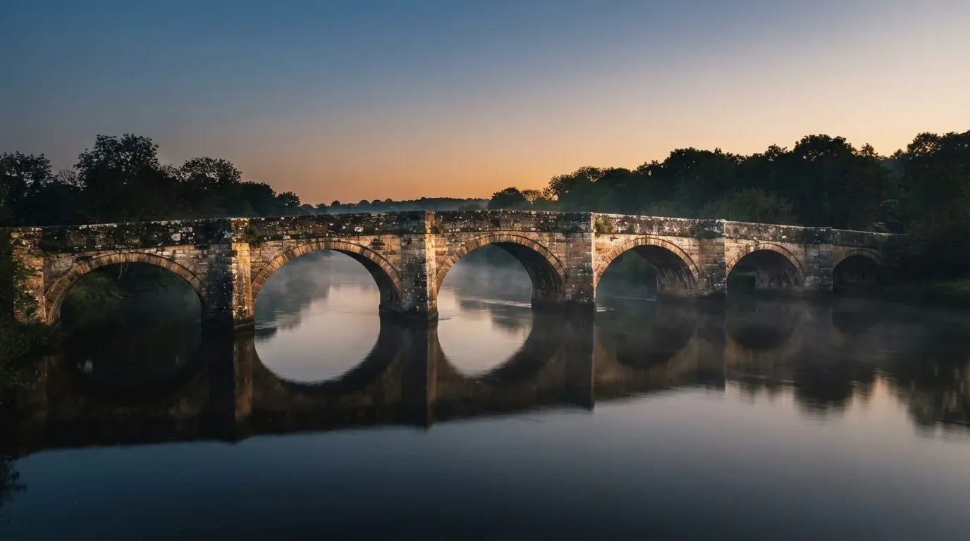 Eine Steinbrücke spannt sich in der Dämmerung über einen Fluss, auf dem Wasser liegt leichter Nebel.