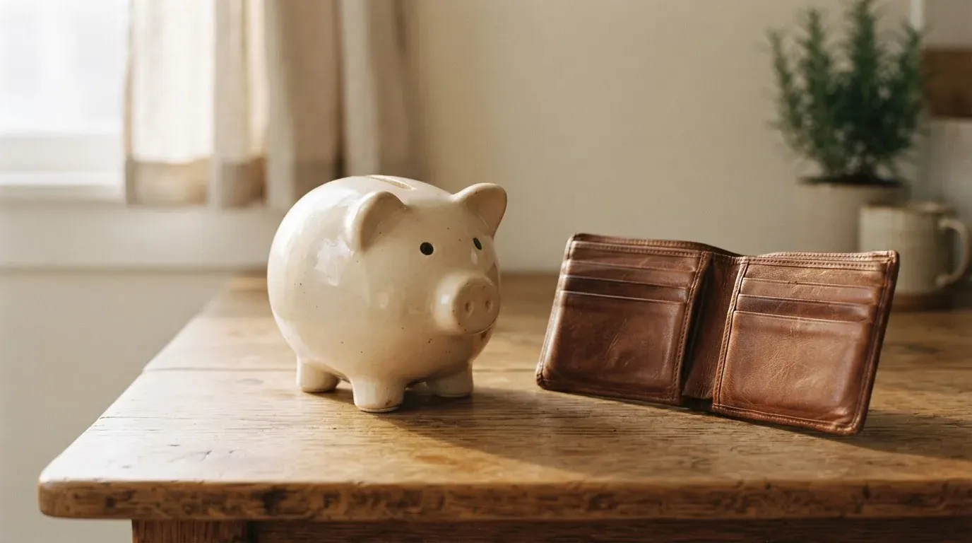 Ein Sparschwein aus Keramik steht auf einem Küchentisch neben einer leeren Geldbörse im Licht des Morgens.