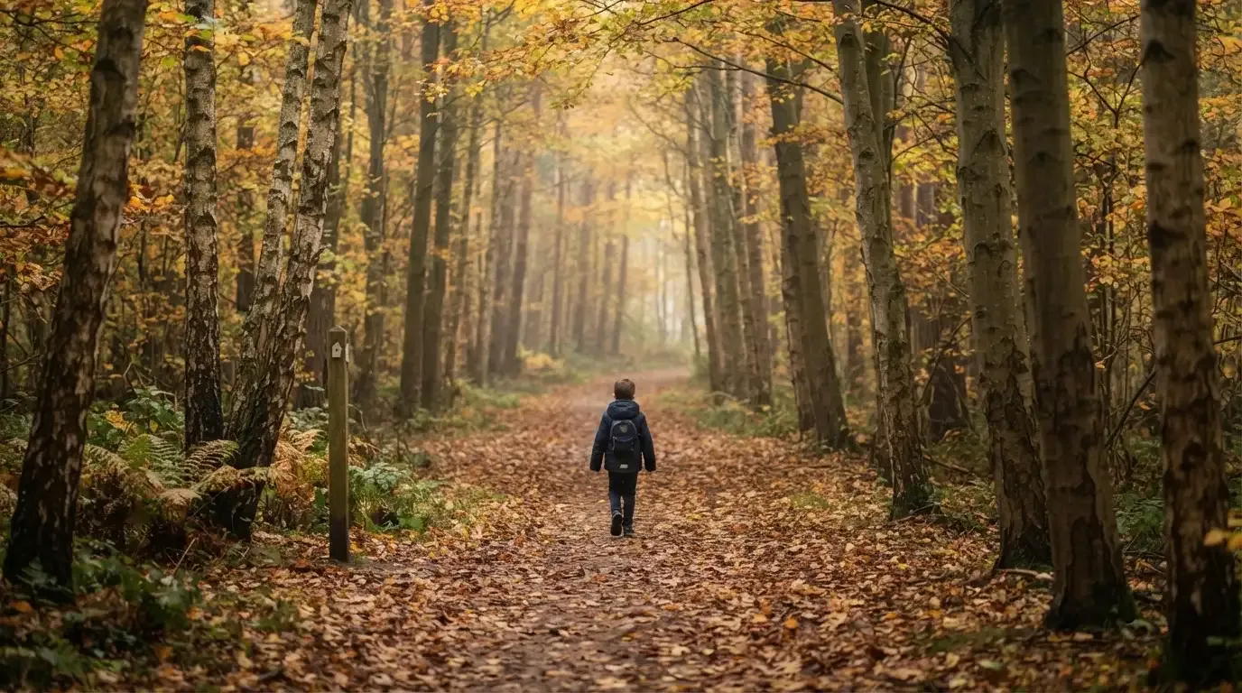 Ein Waldweg im Herbst mit buntem Laub, in der Ferne geht eine einzelne kleine Gestalt zwischen den Bäumen.