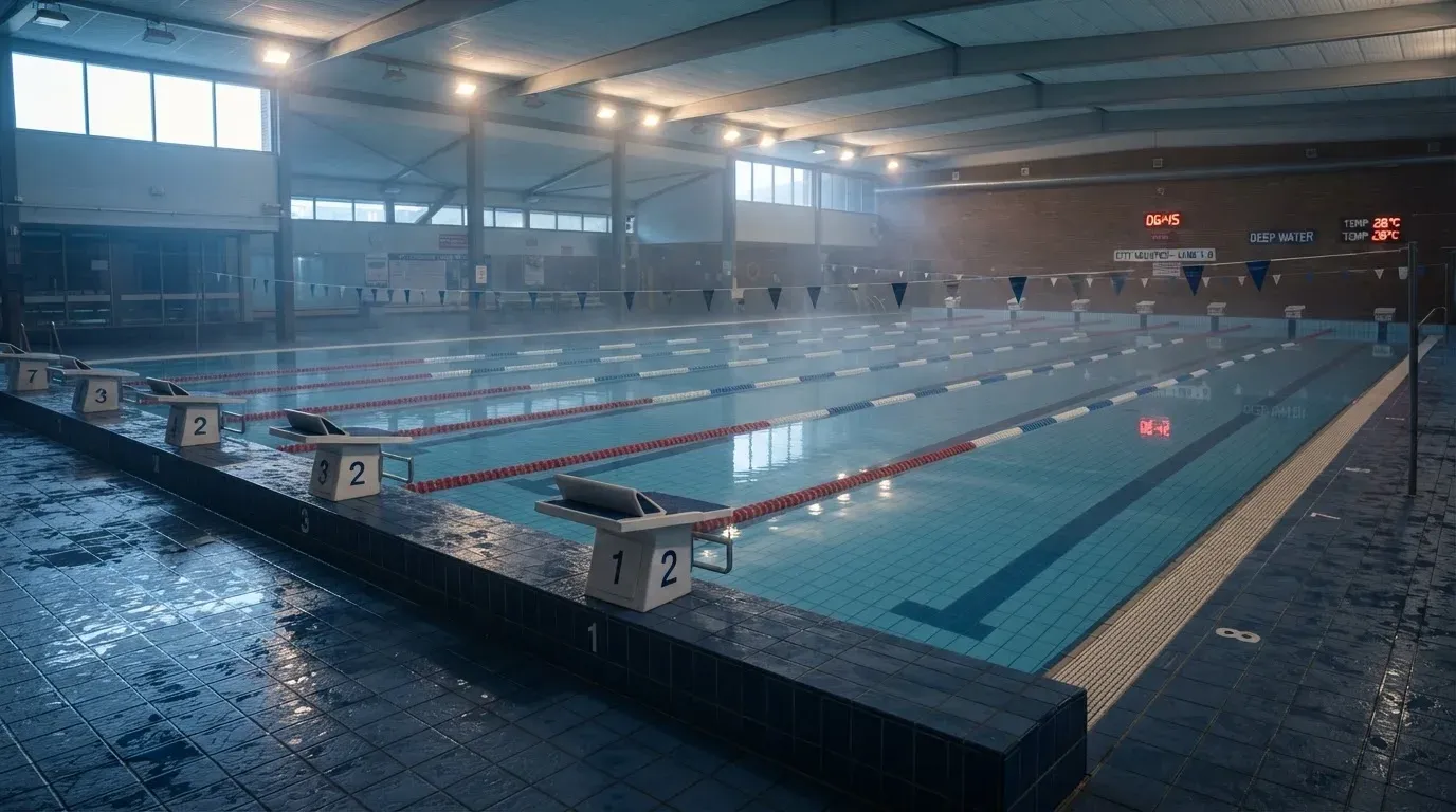 Ein leeres Schwimmbecken mit Startblöcken am Morgen, die Wasseroberfläche ist ruhig und spiegelt die Deckenlampen.