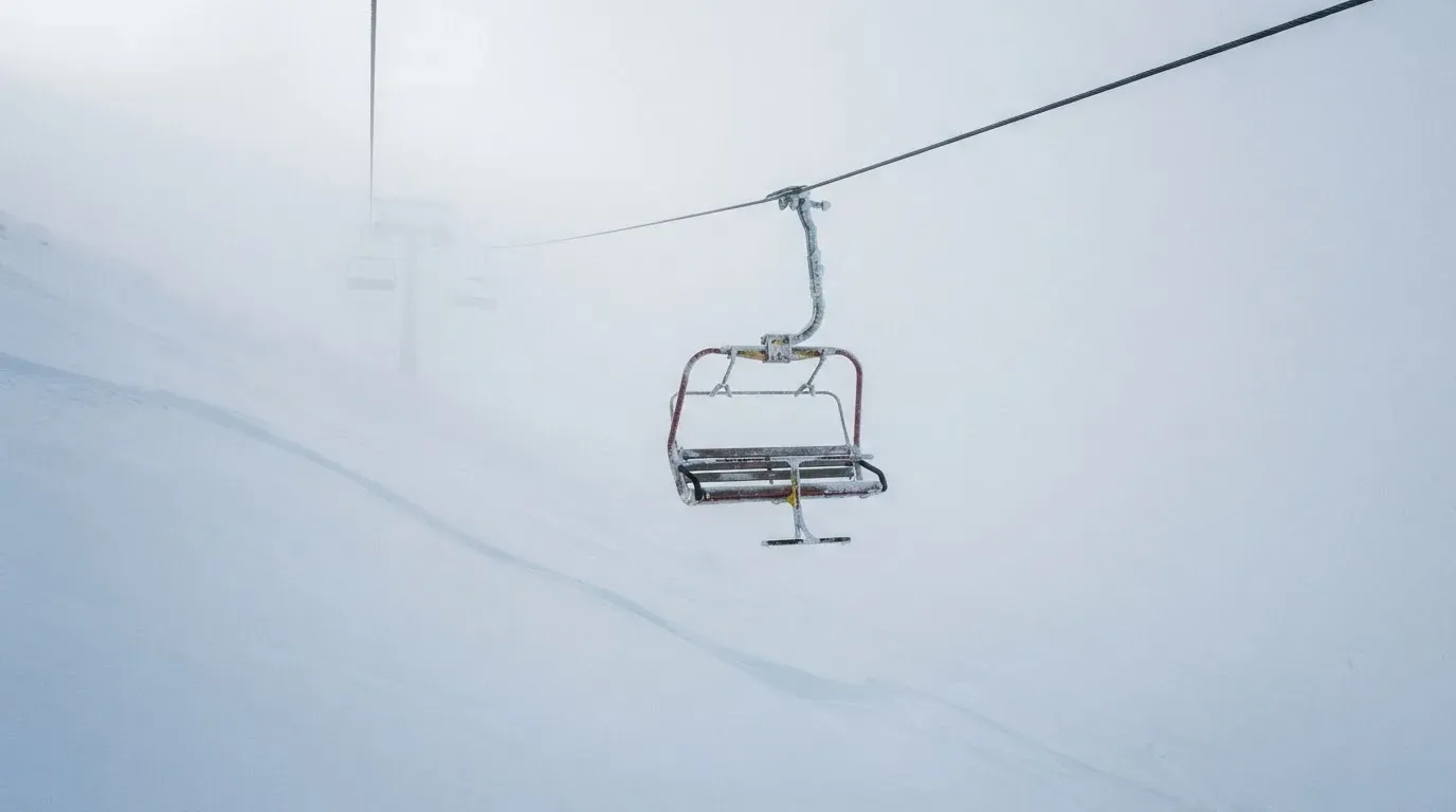 Ein Sessellift fährt leer durch dichten Nebel über eine winterliche Alp, unter ihm liegt unberührter Schnee.