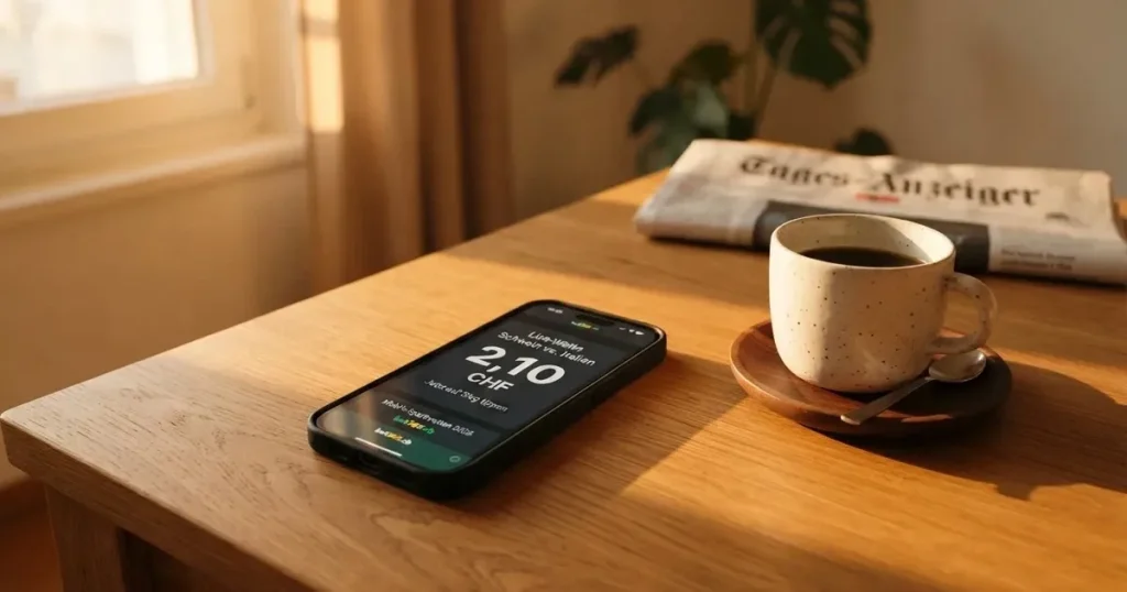 Ein Smartphone mit dunklem Display liegt auf einem Holztisch neben einer Kaffeetasse, durch das Fenster fällt warmes Abendlicht.
