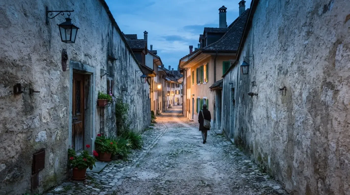 Ein schmaler Kiesweg führt zwischen zwei hellen Mauern durch eine Schweizer Altstadt, die Laternen sind noch nicht angezündet.