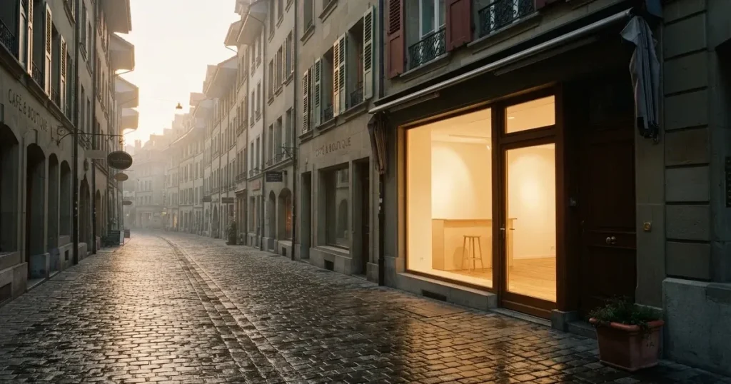 Eine Fussgängerstrasse in einer Schweizer Altstadt am frühen Morgen, nasses Kopfsteinpflaster und ein leeres Ladenlokal mit hellem Innenraum.