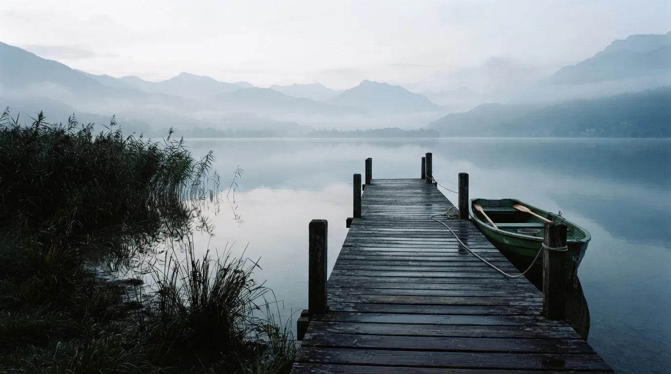 Ein Seeufer mit einem Holzsteg und einem vertäuten Ruderboot im Morgennebel, im Hintergrund die Silhouette von Bergen.