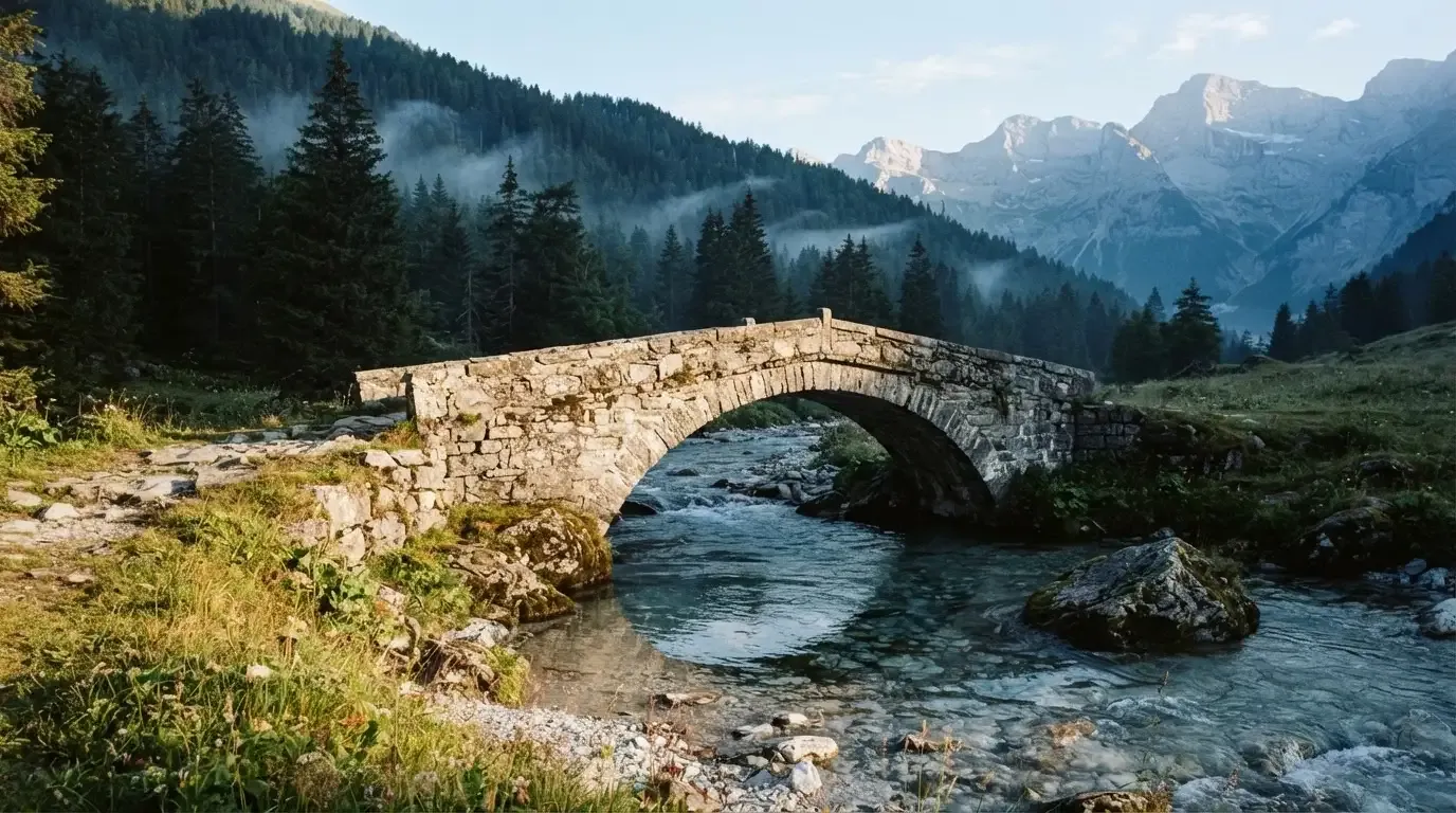 Eine Steinbogenbrücke überspannt einen Bergbach in den Alpen im Morgenlicht, an den Hängen stehen dunkle Nadelbäume.