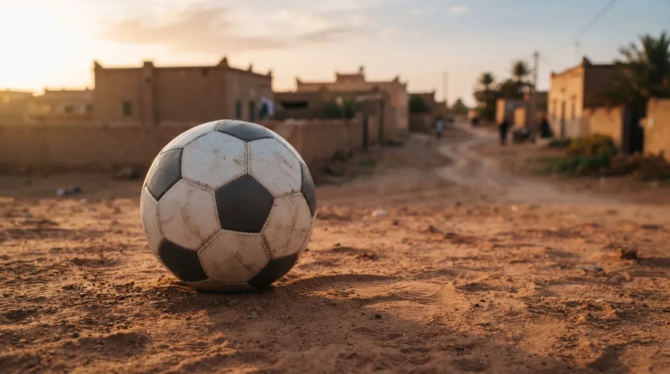 Ein Fussball liegt auf rotbraunem Sand am Rand eines Dorfes, die Abendsonne wirft lange Schatten.