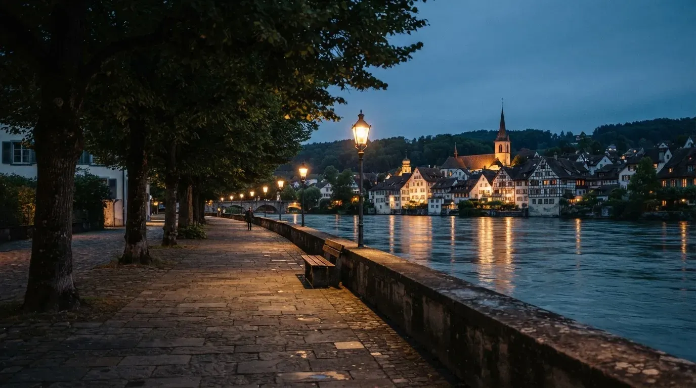 Eine Rheinpromenade mit hohen Bäumen am Abend, das Wasser spiegelt das Licht der ersten Laternen.