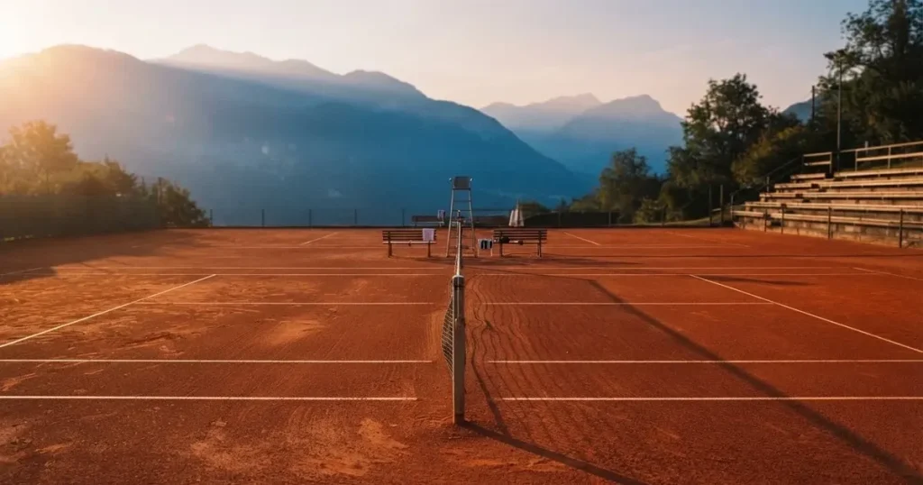 Ein Sandplatz im ersten Morgenlicht, die Linien sind frisch gezogen, das Netz bewegt sich leicht im Wind, Berge im Dunst.