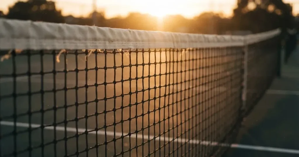 Ein Tennisnetz in Nahaufnahme im Gegenlicht der tiefstehenden Sonne, feine Staubkörner schweben über dem Platz.