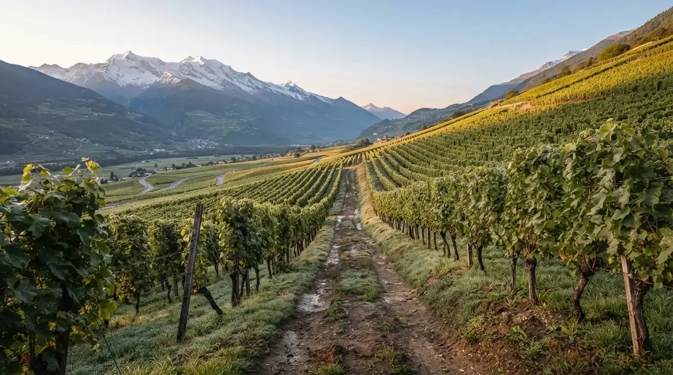 Ein Feldweg zwischen Weinreben im Wallis bei Sonnenaufgang, im Hintergrund hohe Berge und klare Luft.