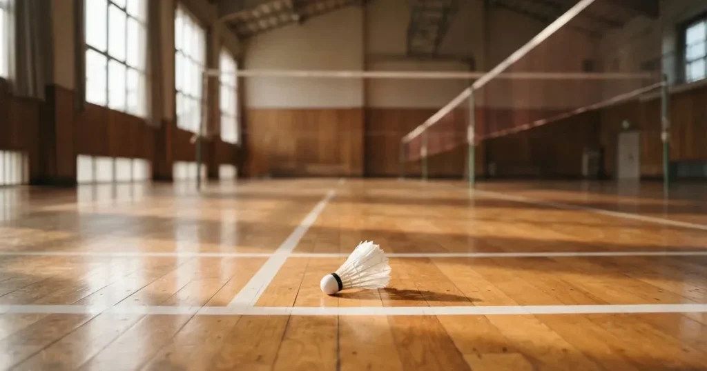 Ein Federball liegt auf dem Boden einer leeren Sporthalle, das Netz verschwimmt im Hintergrund, Licht fällt durch hohe Fenster.