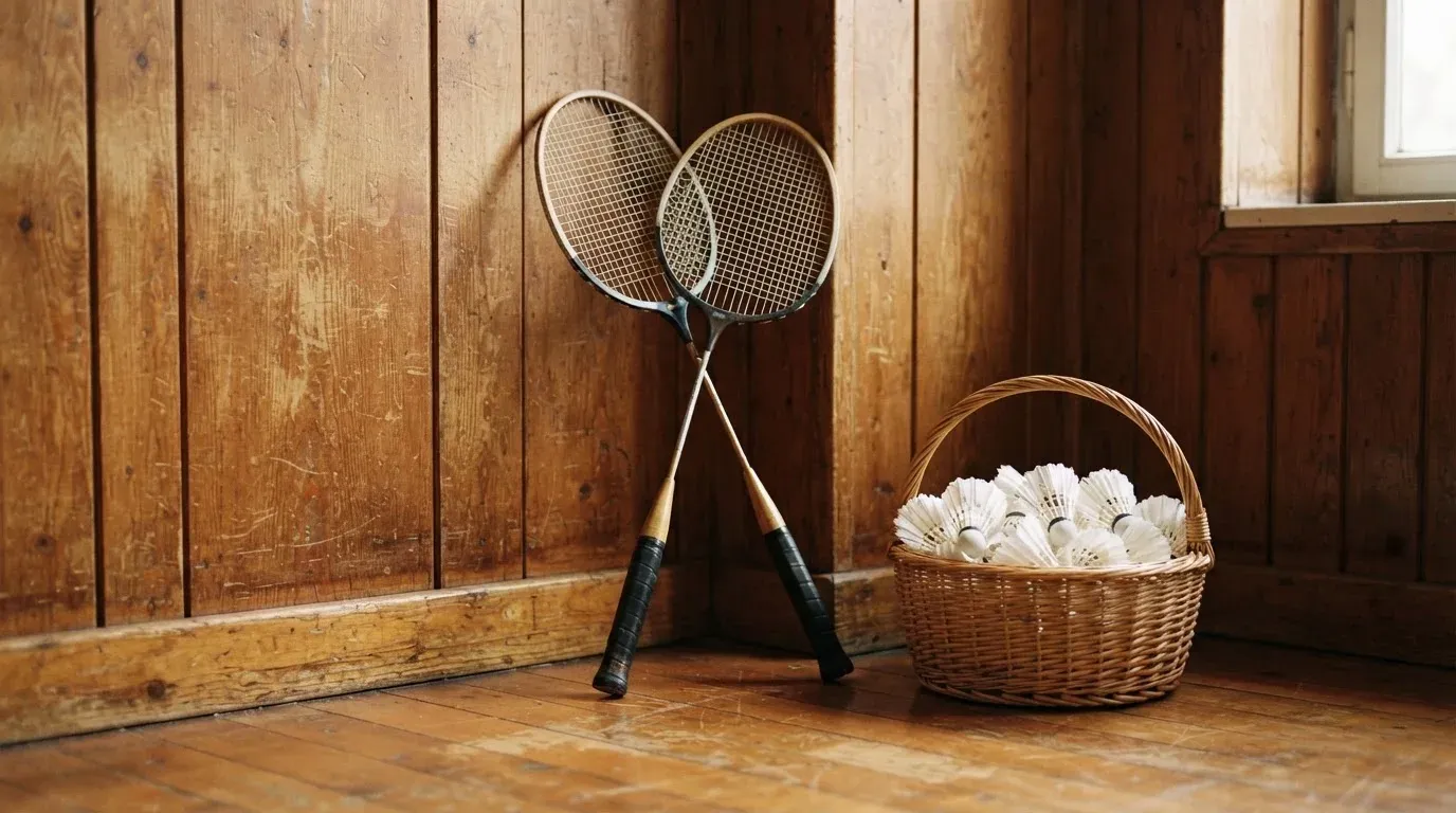 Zwei Badmintonschläger lehnen gekreuzt an einer Hallenwand aus Holz, daneben steht ein Korb mit Federbällen.