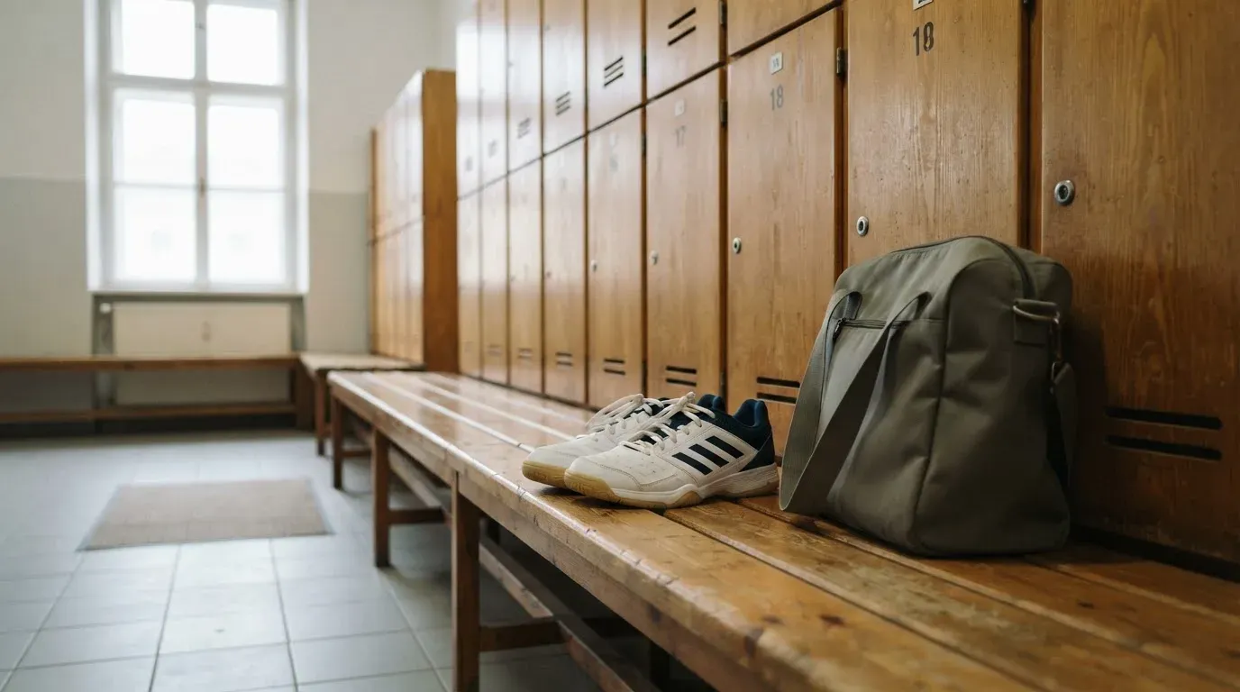 Ein Paar Hallenschuhe steht ordentlich neben einer Sporttasche auf einer Bank in einer leeren Garderobe, ein Fenster lässt Morgenlicht herein.