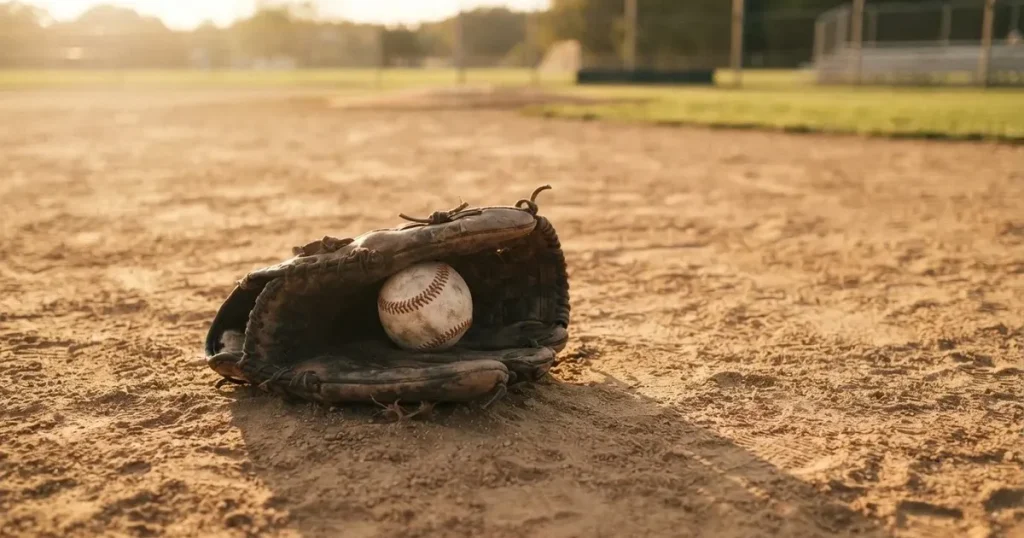 Ein Lederhandschuh und ein Ball liegen auf dem Sandboden eines leeren Spielfelds, die tiefstehende Sonne wirft lange Schatten.