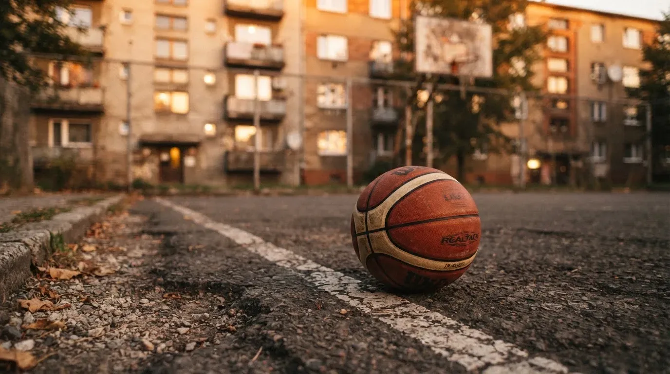 Ein Basketball liegt auf einem Asphaltplatz in einem Hinterhof zwischen Wohnblöcken, das Abendlicht färbt die Wände warm.