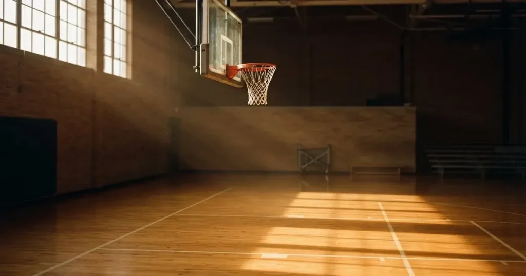 Ein Basketballkorb mit Netz in einer leeren Halle, Licht fällt von hohen Fenstern auf den glänzenden Parkettboden.