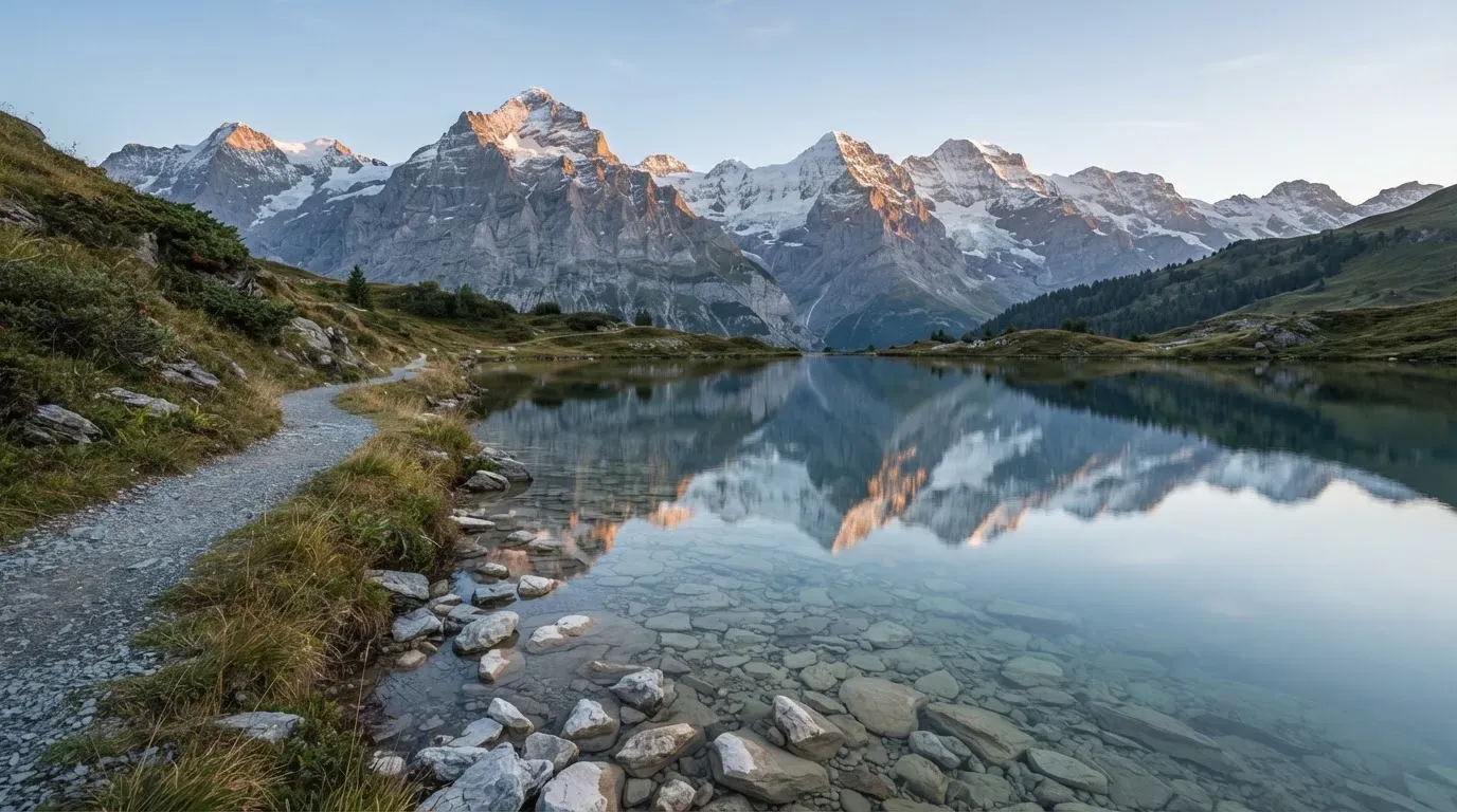 Ein Bergsee mit ruhigem Wasser und Gipfeln im Morgenlicht, am Ufer liegen glatte Steine.