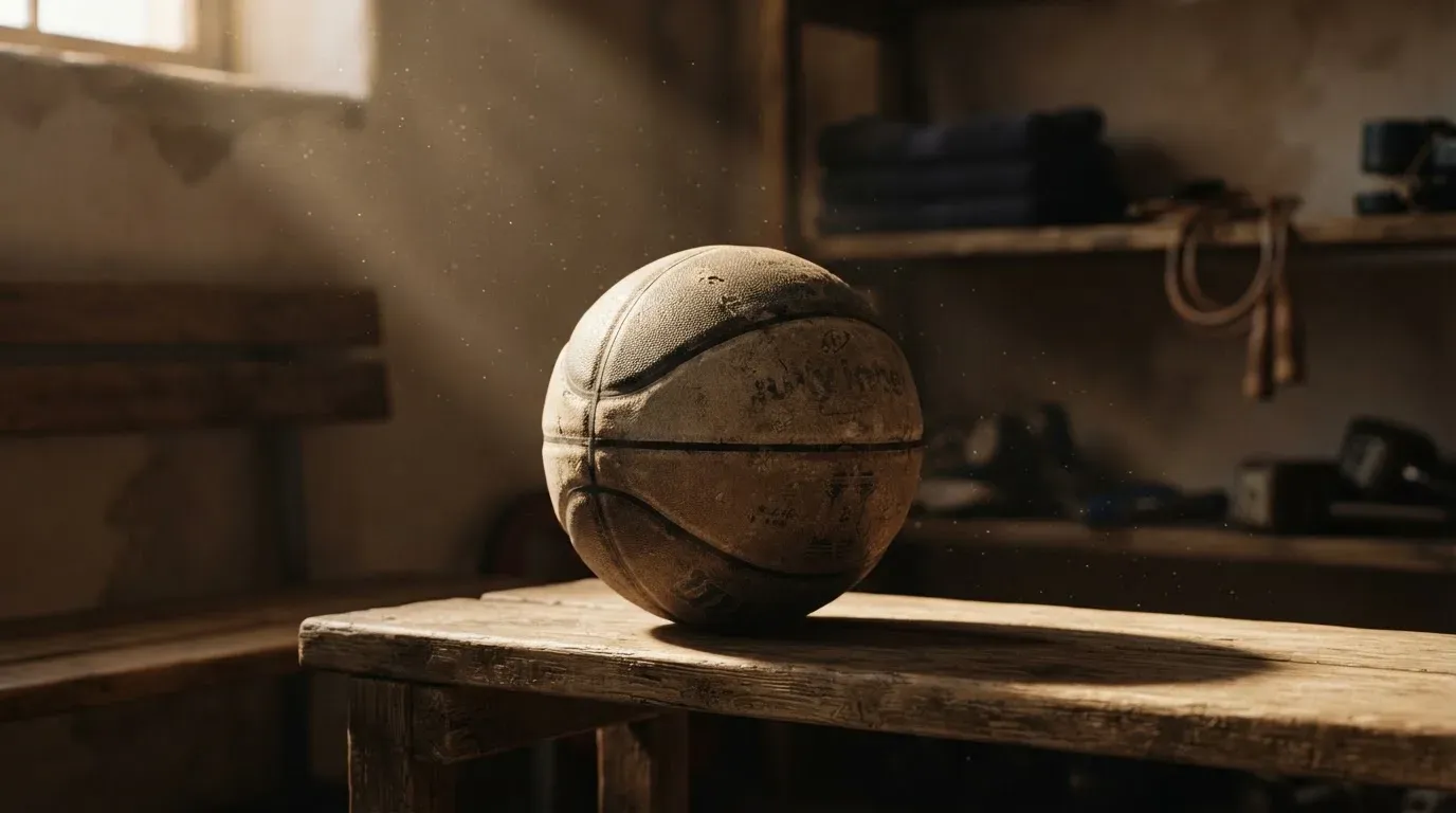 Ein abgenutzter Lederball liegt auf einem Holzregal in einem Vereinsraum, ein Sonnenstrahl macht den Staub sichtbar.