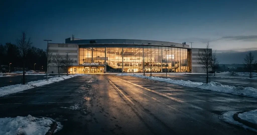 Eine Sporthalle von aussen in der Dämmerung mit erleuchteten Fenstern, davor ein leerer Parkplatz mit etwas Schnee.