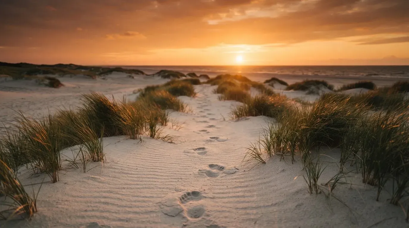 Spuren im Sand führen durch Dünengras auf den Horizont zu, die Sonne steht tief und färbt den Himmel orange.