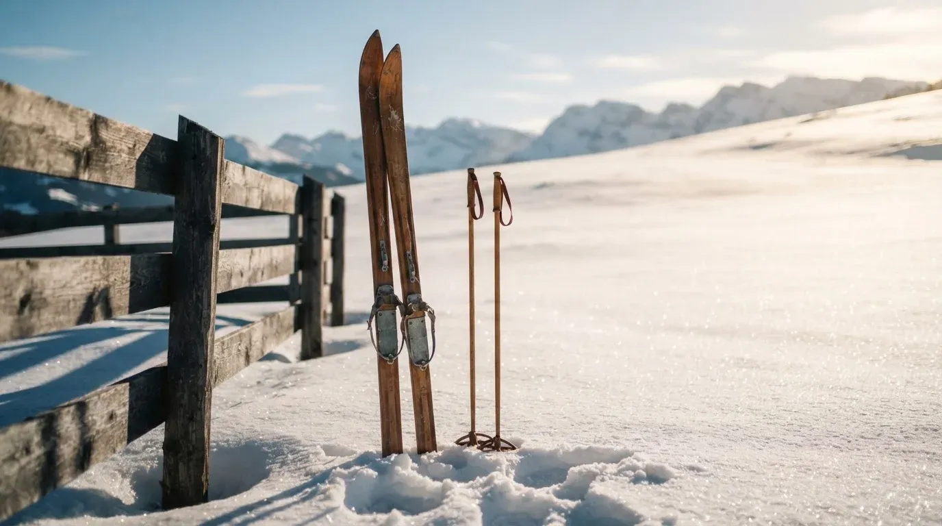 Ein Paar Langlaufskier steckt aufrecht im Schnee neben einem Holzzaun, die Sonne glitzert auf Eiskristallen.