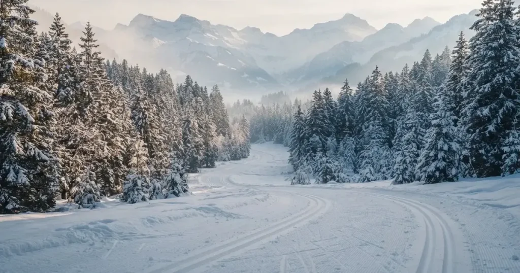 Eine verschneite Langlaufloipe führt durch Tannenwald im Morgenlicht, frische Spuren im Schnee, dahinter Berge im Dunst.