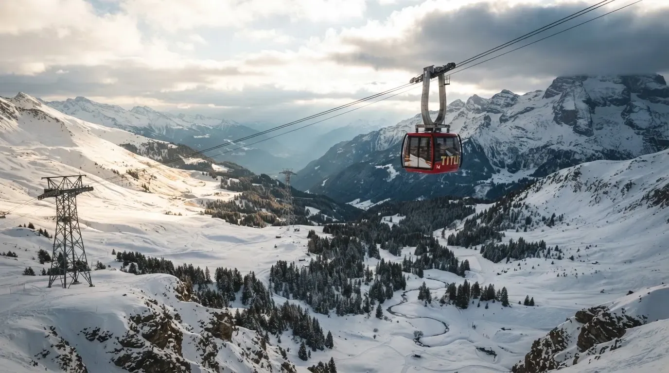 Eine Seilbahnkabine schwebt über einem verschneiten Tal, die Sonne bricht durch die Wolken und beleuchtet die Hänge.
