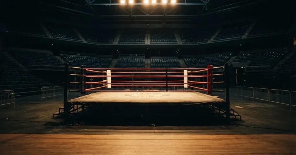 Ein leerer Boxring mit gespannten Seilen unter hellem Hallenlicht, dahinter ansteigende Zuschauerränge in einer grossen dunklen Halle