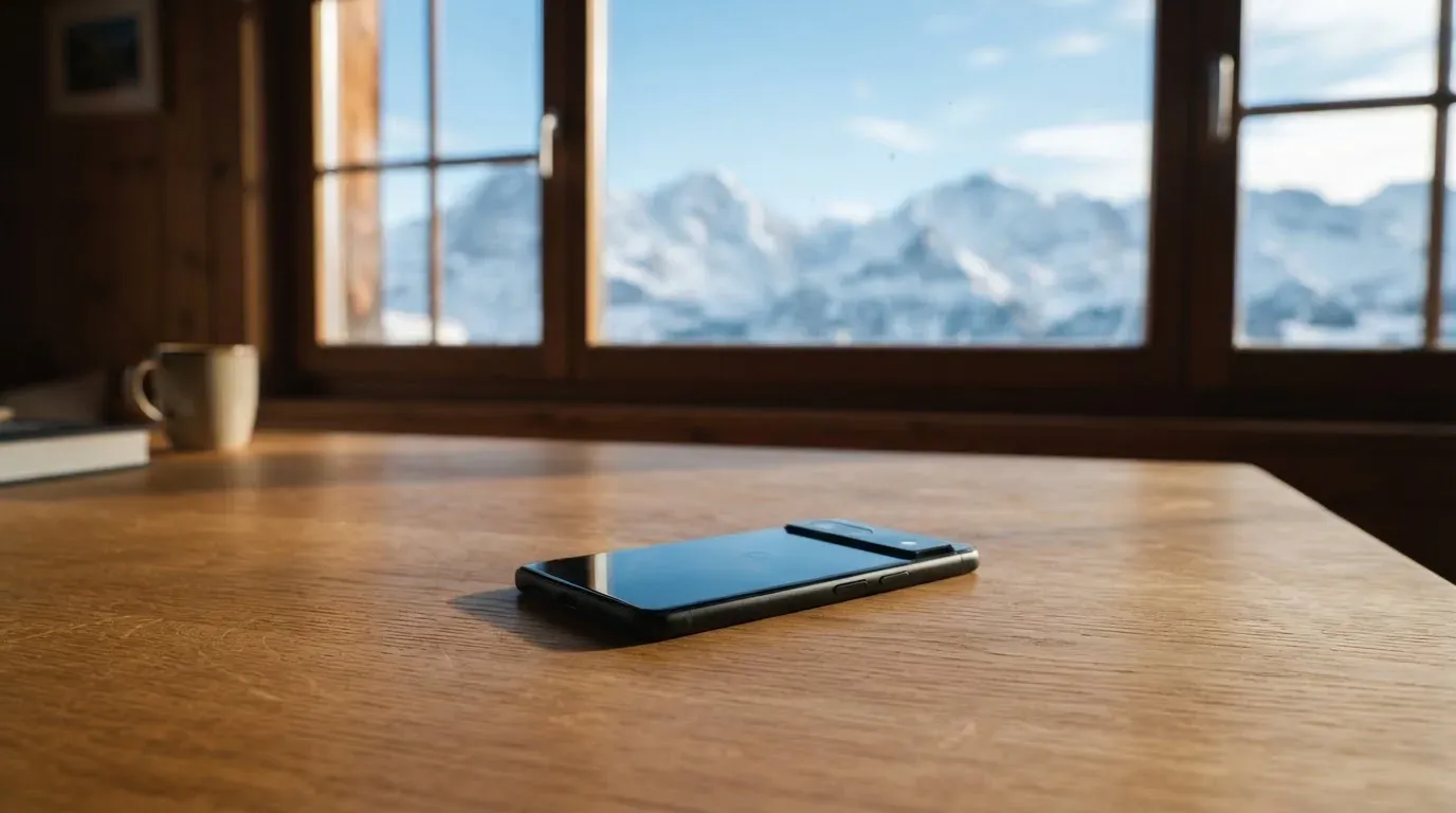 Ein Smartphone mit dunklem Bildschirm liegt auf einem Holztisch vor einem Fenster mit Blick auf schneebedeckte Gipfel