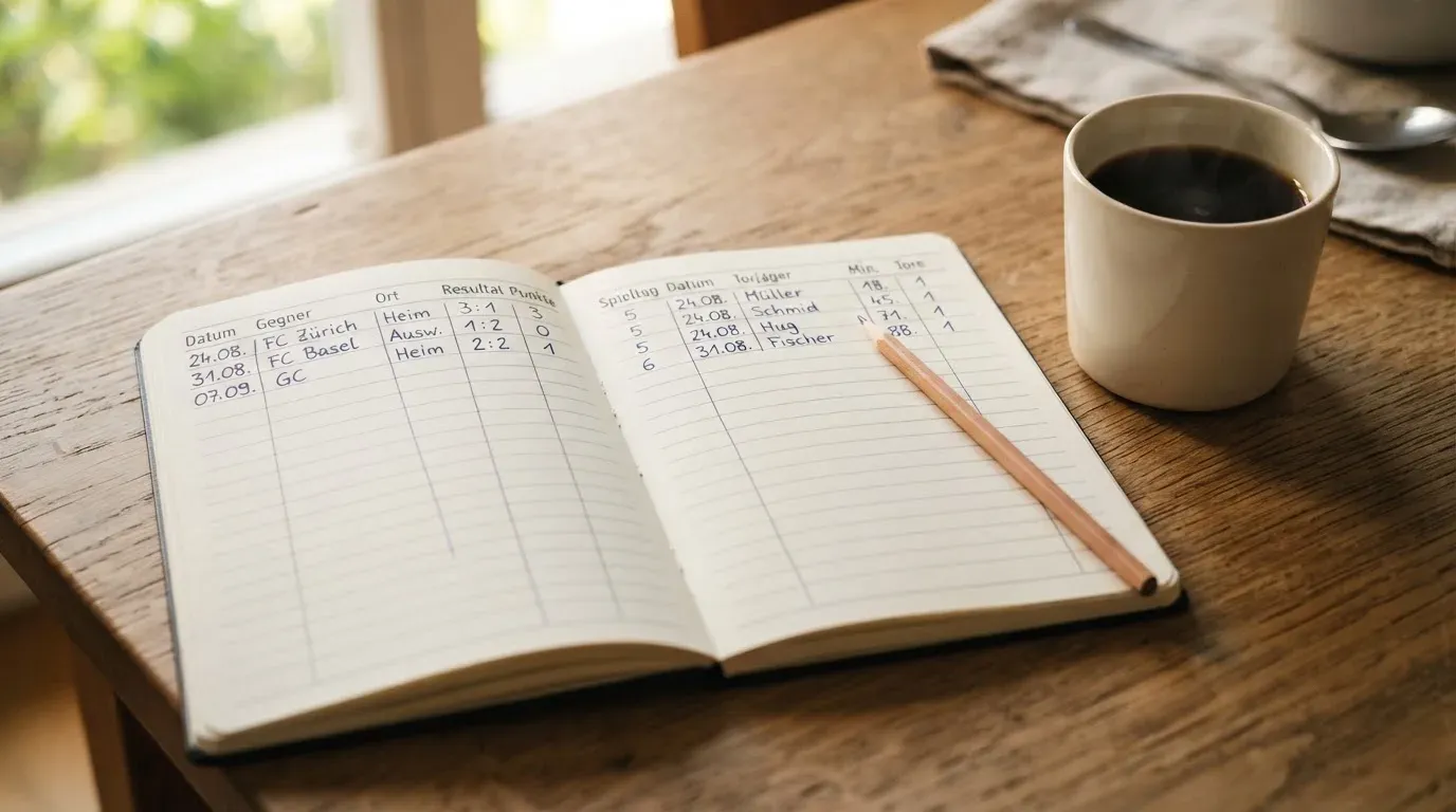 Ein aufgeschlagenes Notizbuch mit handgeschriebenen Spalten und ein Bleistift neben einer Tasse Kaffee auf einem Holztisch am Morgen