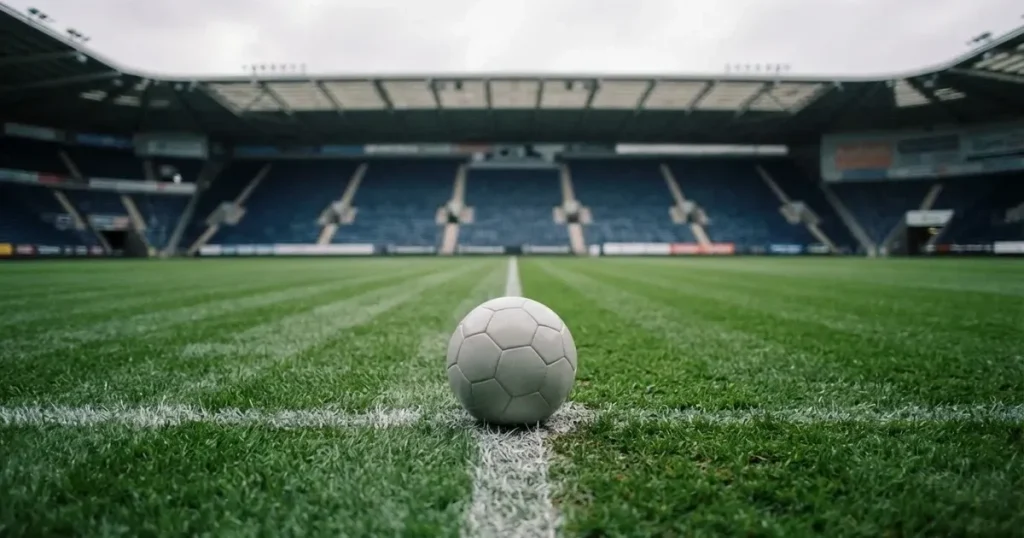Ein Fussball liegt auf dem Anstosspunkt eines frisch gemähten Rasens, dahinter eine grosse Tribüne unter bewölktem Himmel