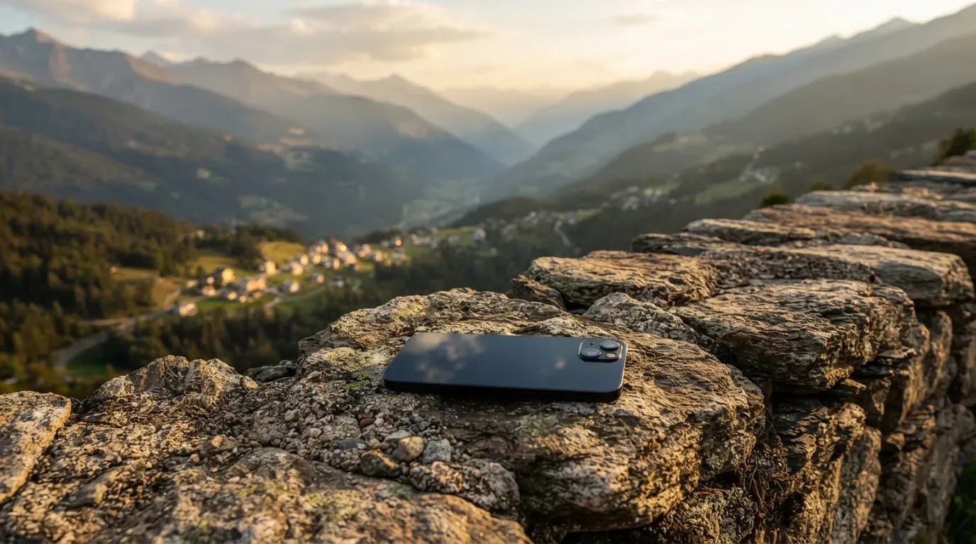 Ein Smartphone mit dunklem Display liegt auf einer Steinmauer, dahinter ein Alpental im Abendlicht
