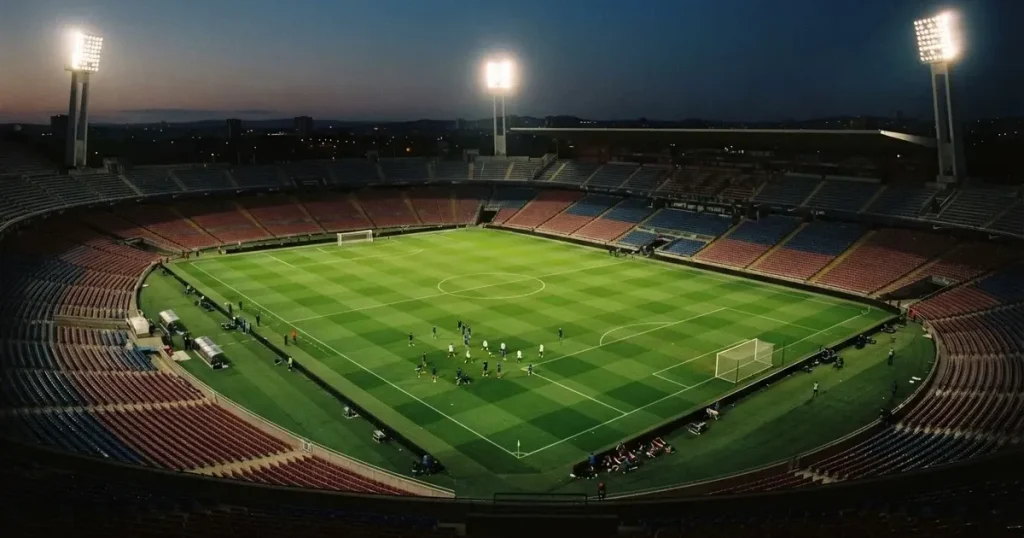 Ein Fussballstadion bei Flutlicht von einer Anhöhe aus gesehen, der Rasen leuchtet grün unter dunklem Abendhimmel