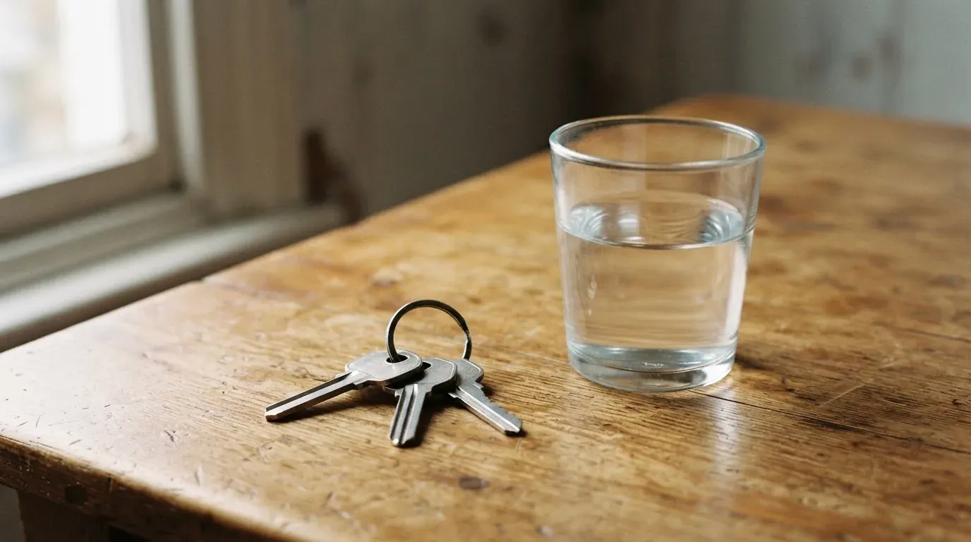 Ein Schlüsselbund und ein Glas Wasser stehen auf einem Holztisch im Licht eines Fensters