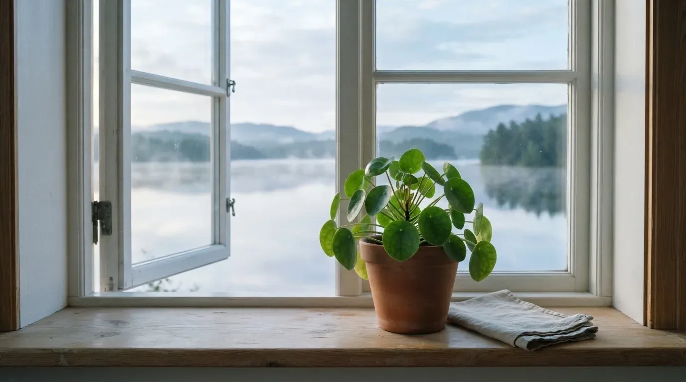 Eine Topfpflanze auf einem Fensterbrett mit weitem Blick über einen stillen See am Morgen