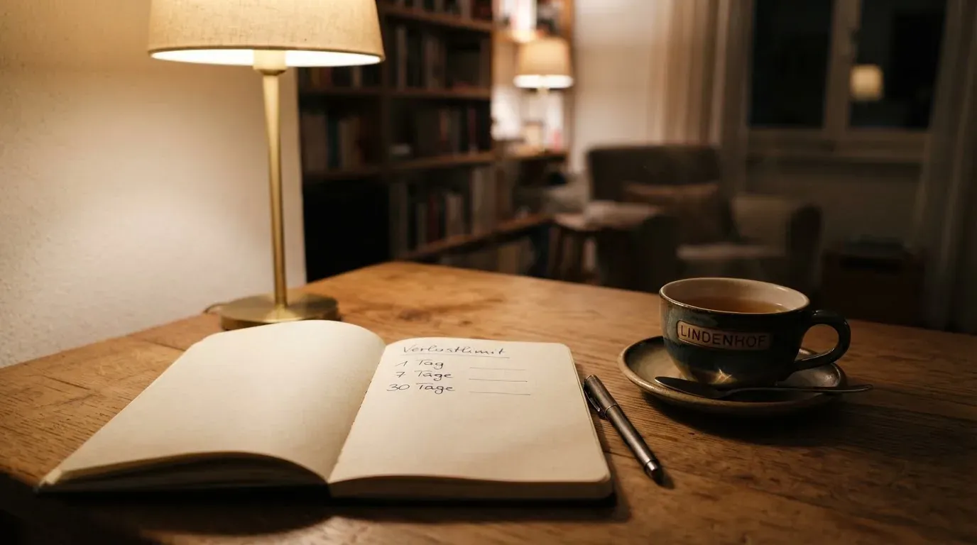 Ein Notizbuch mit handschriftlichen Einträgen und eine Tasse Tee stehen auf einem Tisch neben einer Stehlampe