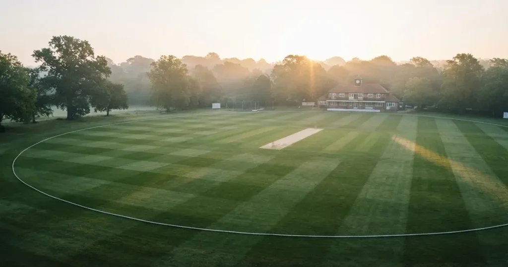 Ein ovales Cricketfeld mit gemähtem Rasen und hellem Mittelstreifen am frühen Morgen, Nebel zwischen den Bäumen am Rand