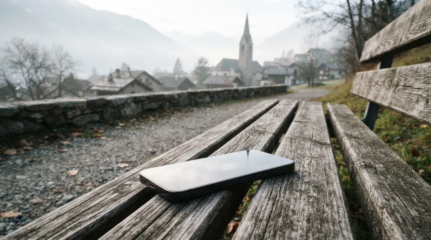 Ein Smartphone mit dunklem Display liegt auf einer Parkbank, dahinter ein Schweizer Dorf mit Kirchturm im Dunst