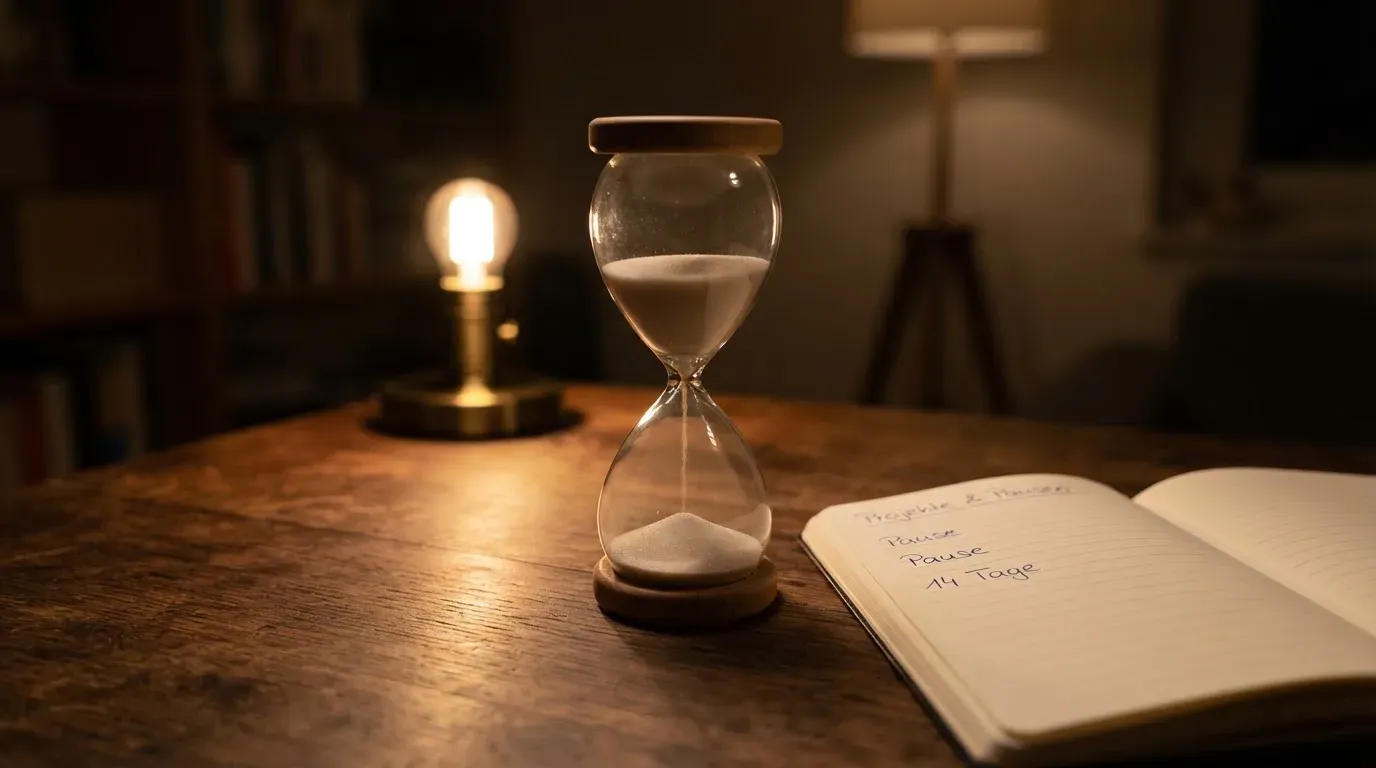 Eine Sanduhr steht auf einem Schreibtisch neben einem Notizbuch mit handschriftlichen Einträgen im Licht einer Lampe